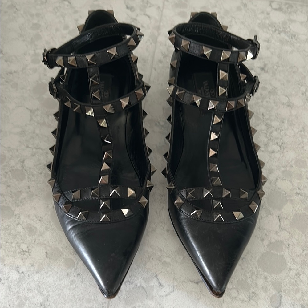 Valentino Garavani Black caged gunmetal studded flats